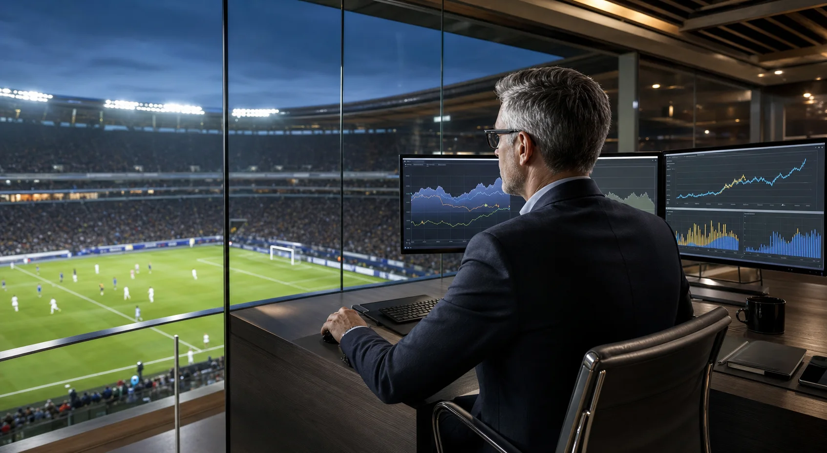 Football analyst reviewing live match intelligence from a stadium suite
